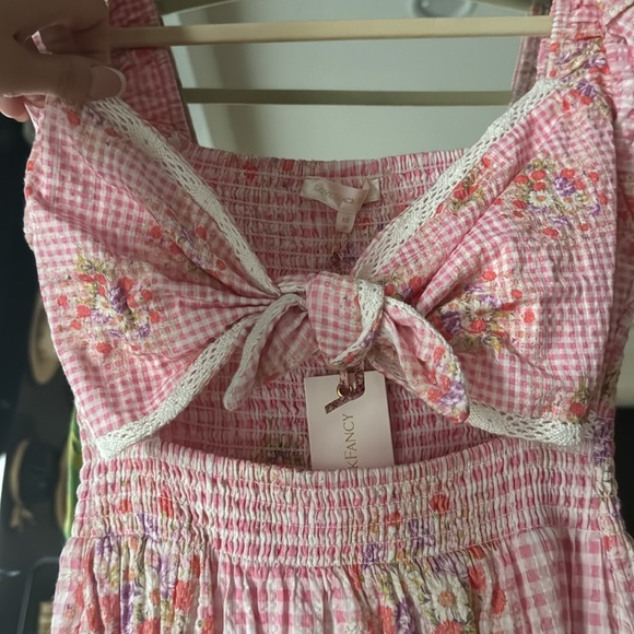 LoveShackFancy NWT Emeka Berry Picnic Pink Checkered Floral Midi Dress XS - Picture 2 of 7